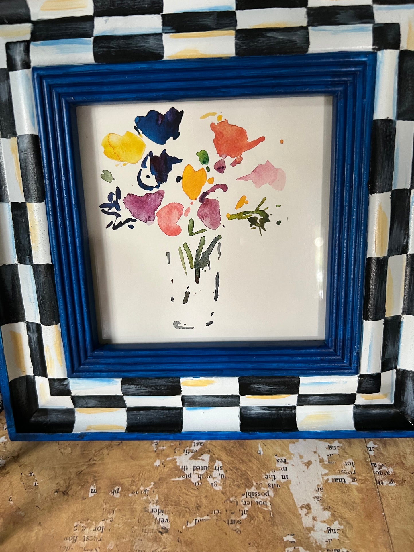 Black, White and Blue Checkered Frame with Watercolor Image