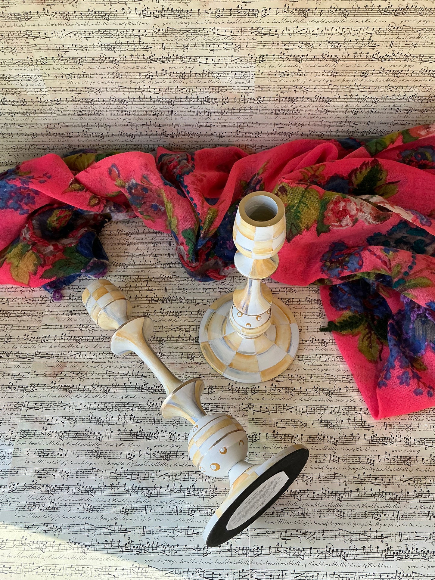 Parchment Check Taper Candle Holders, Pair