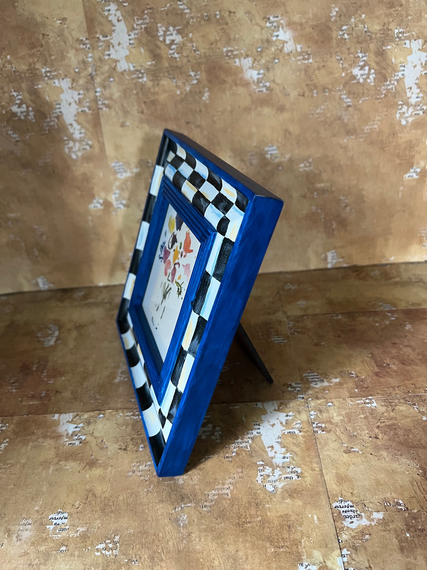 Black, White and Blue Checkered Frame with Watercolor Image
