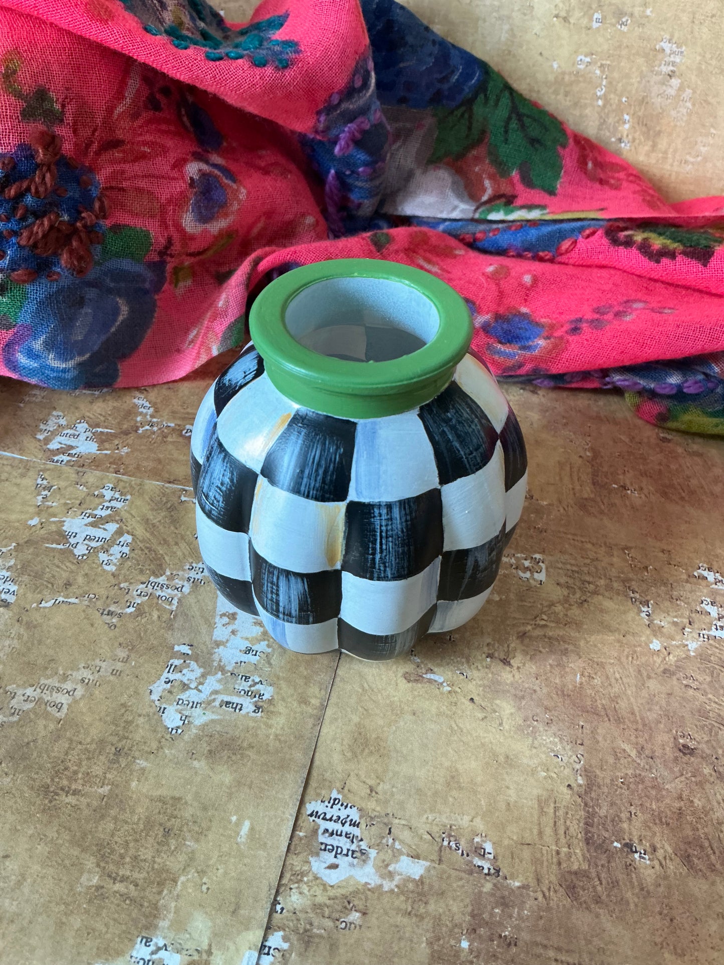 Checkered Bud Vase with Green Rim