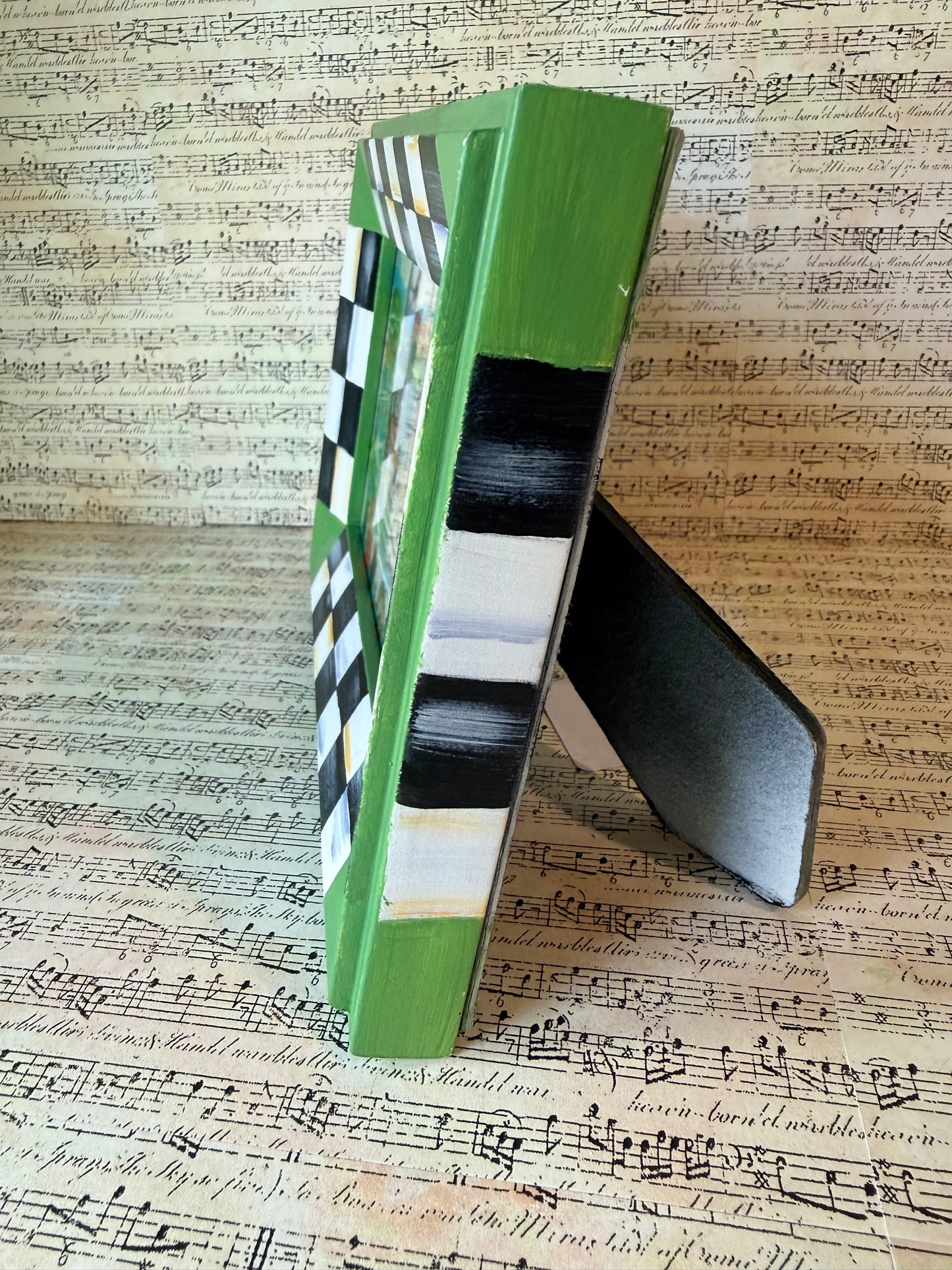 Hand-Painted Checkered Wooden Picture Frame With Green Trim