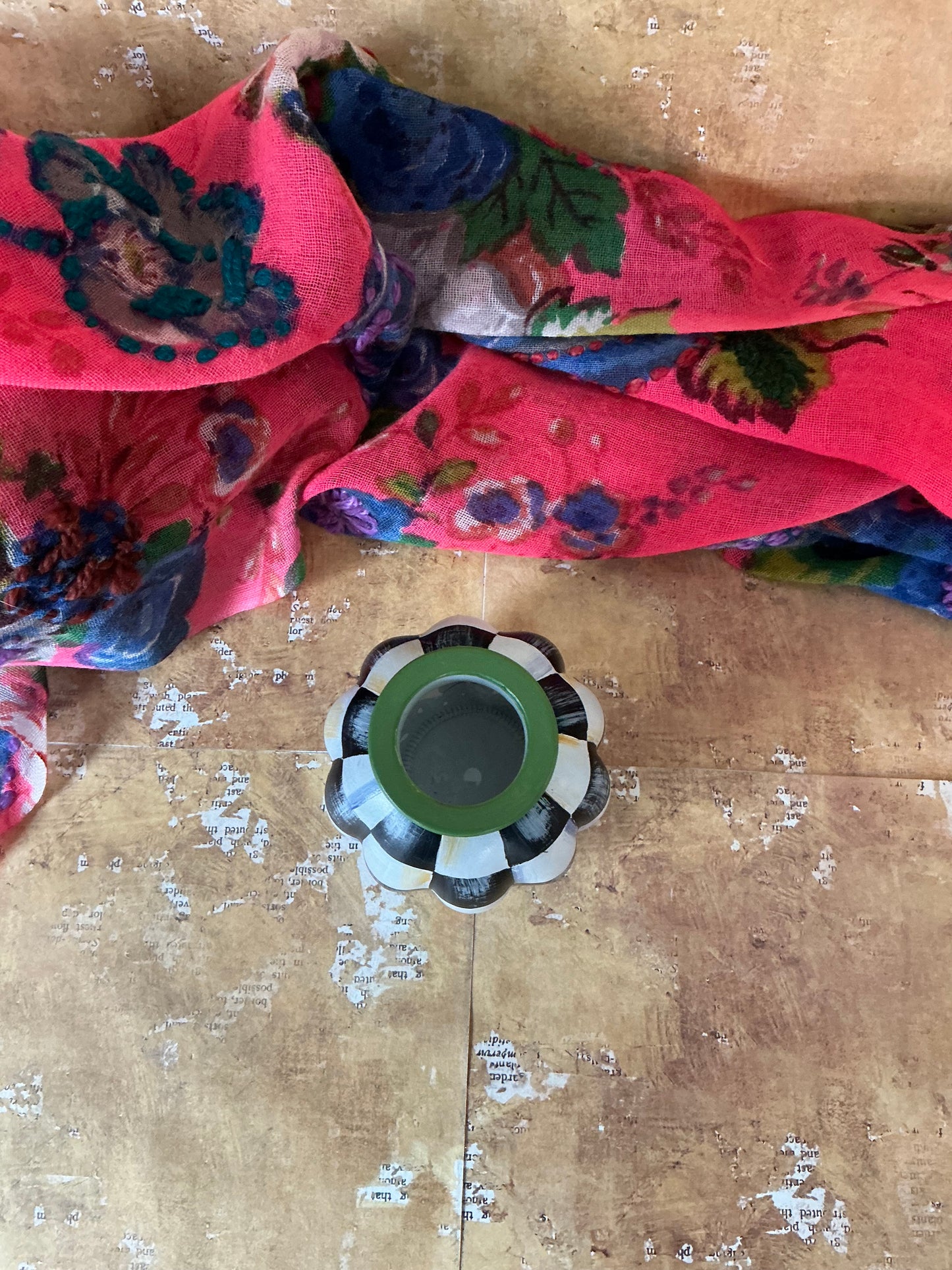 Checkered Bud Vase with Green Rim