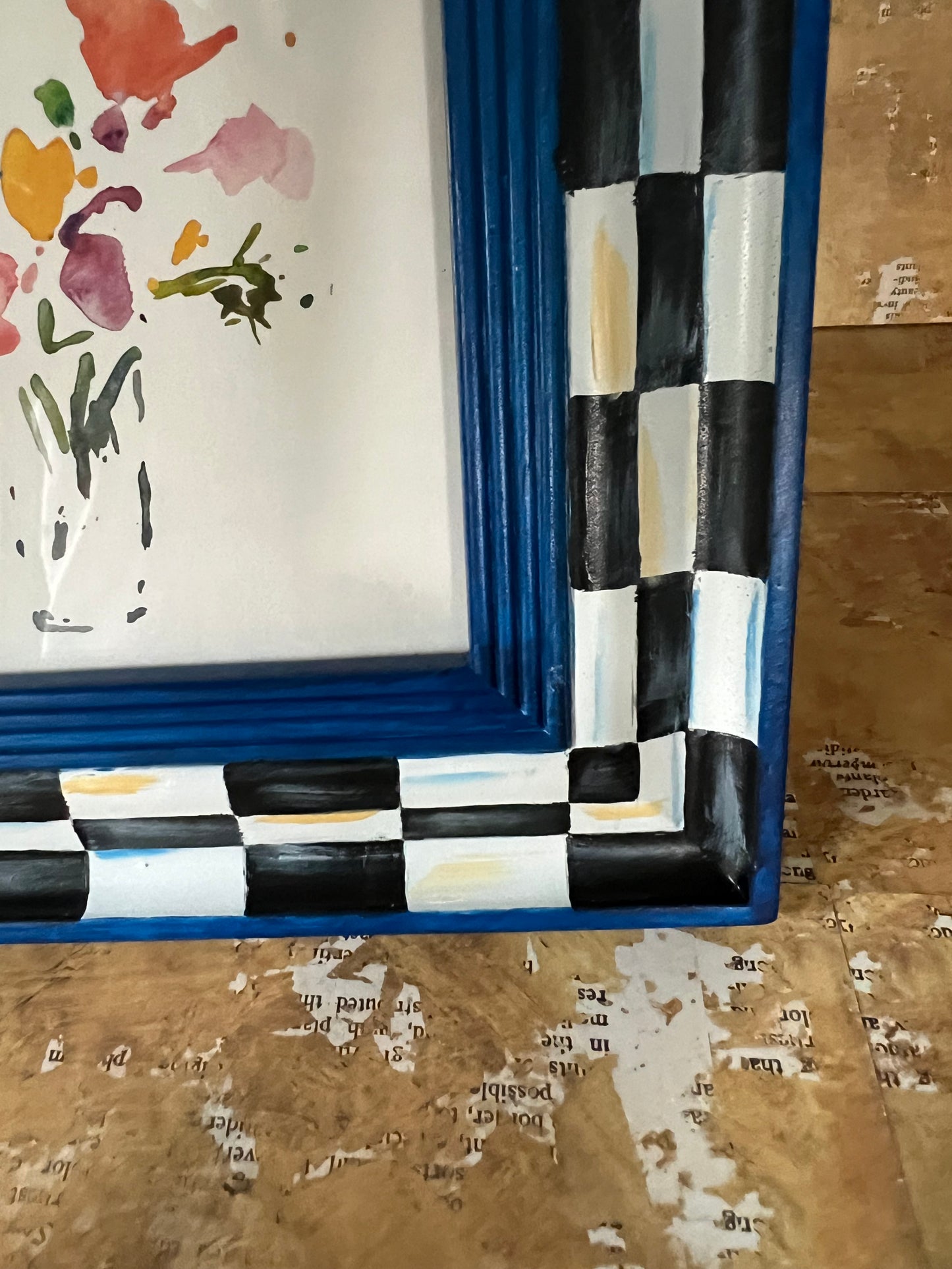 Black, White and Blue Checkered Frame with Watercolor Image