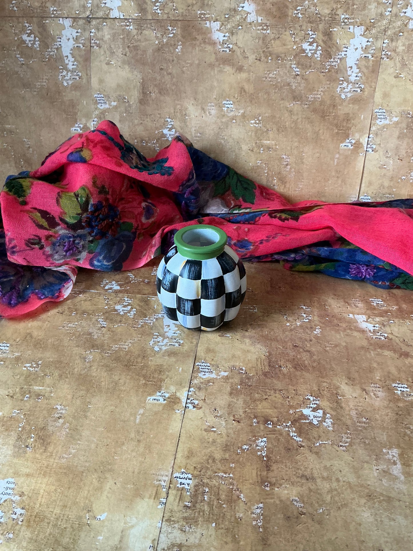 Checkered Bud Vase with Green Rim
