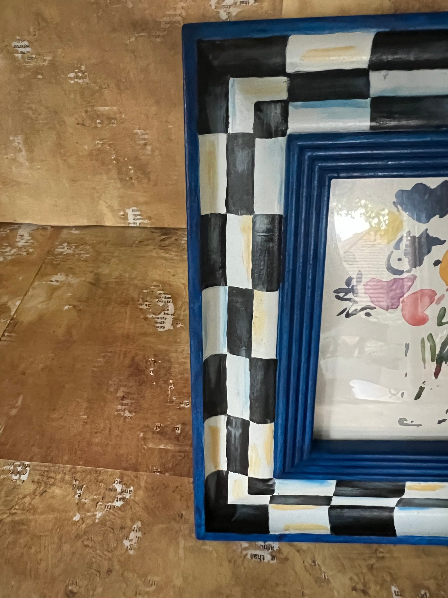 Black, White and Blue Checkered Frame with Watercolor Image