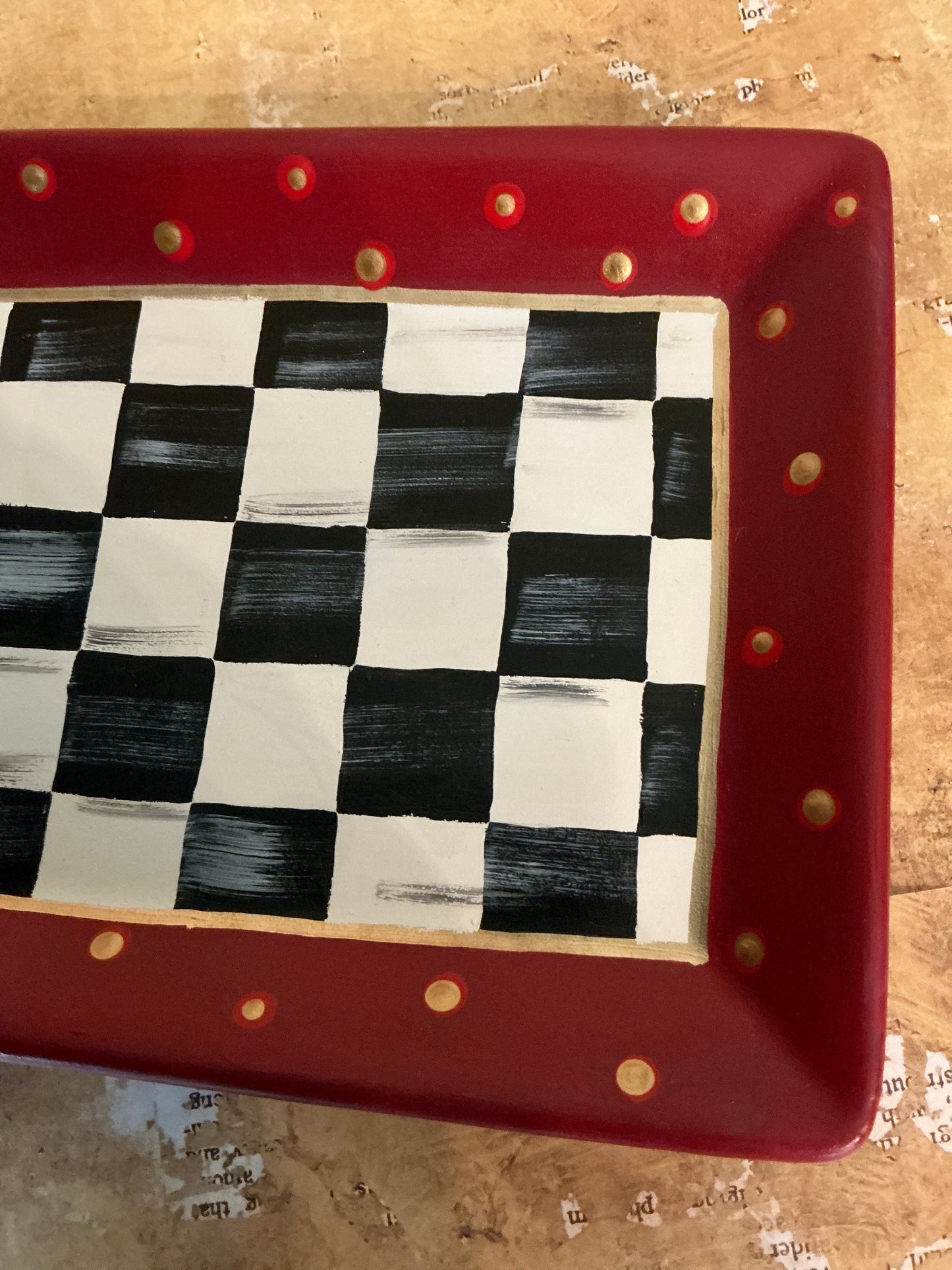 Decorative Dish with Red Trim and Gold Dots