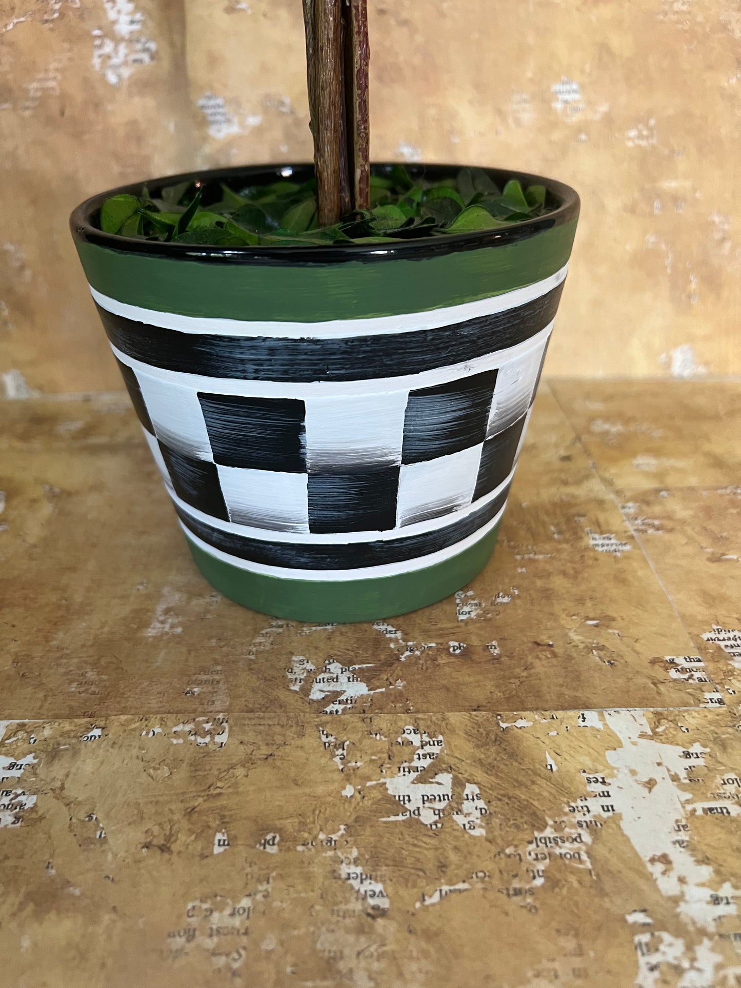 Faux Boxwood Topiary Trees in Hand Painted Ceramic Pots, Set of 2
