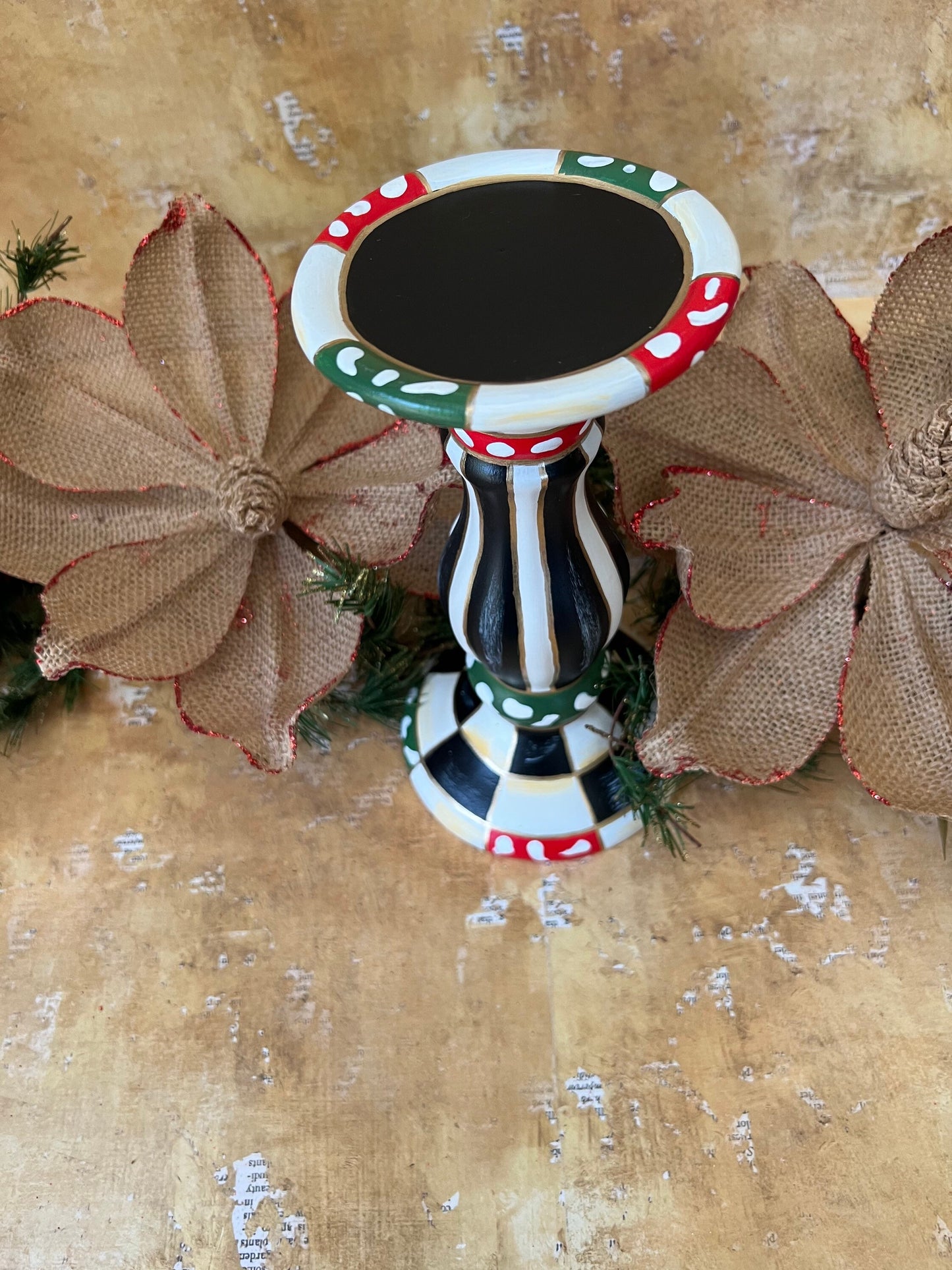 Snow-flecked pillar candleholder