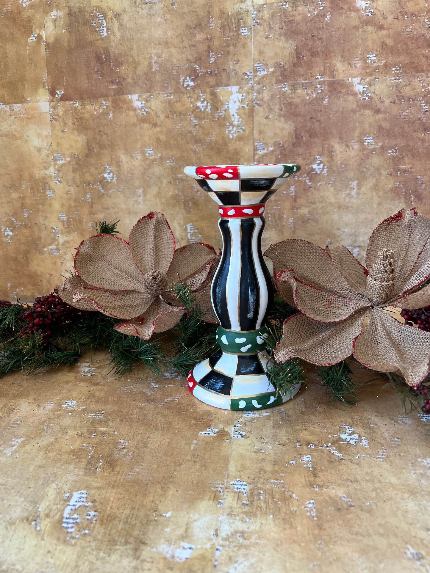 Snow-flecked pillar candleholder