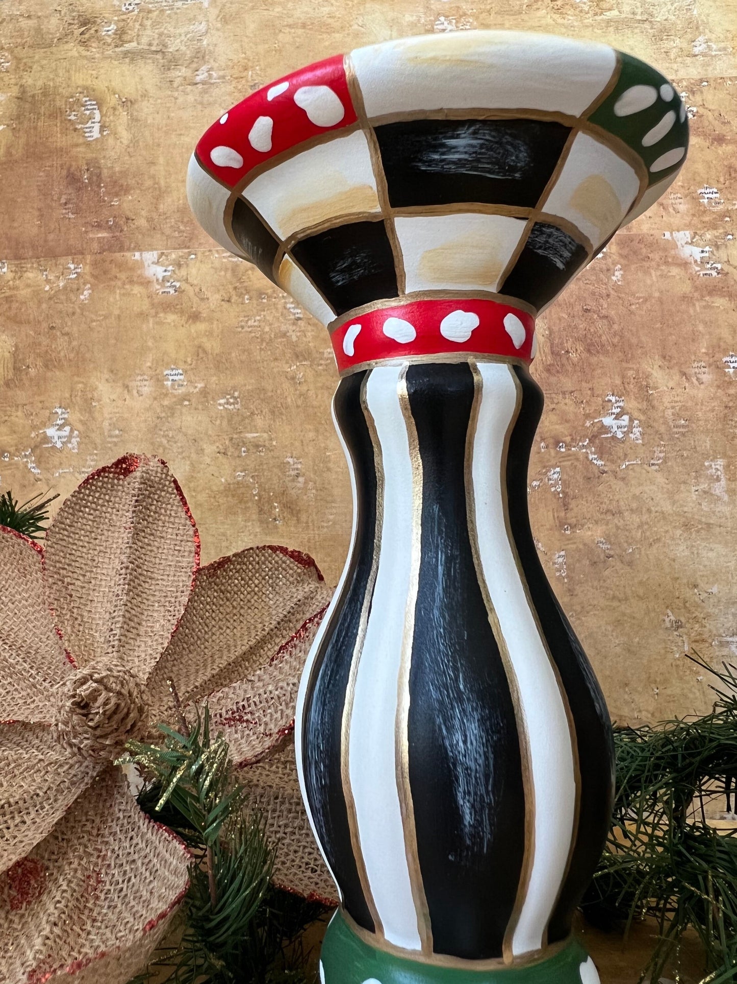 Snow-flecked pillar candleholder