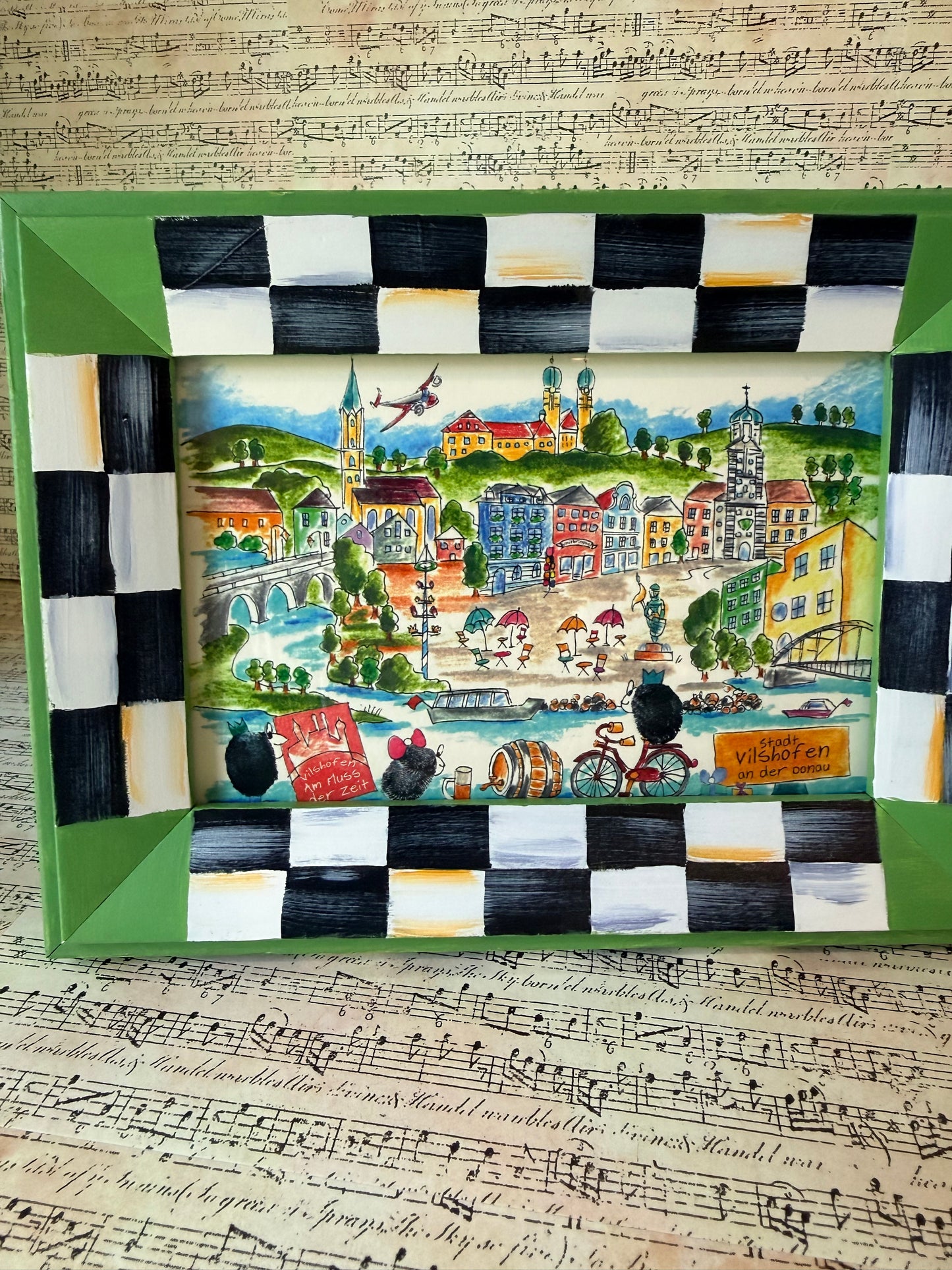 Hand-Painted Checkered Wooden Picture Frame With Green Trim