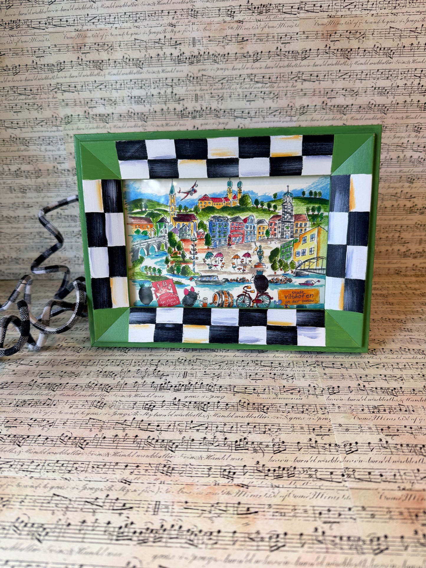 Hand-Painted Checkered Wooden Picture Frame With Green Trim