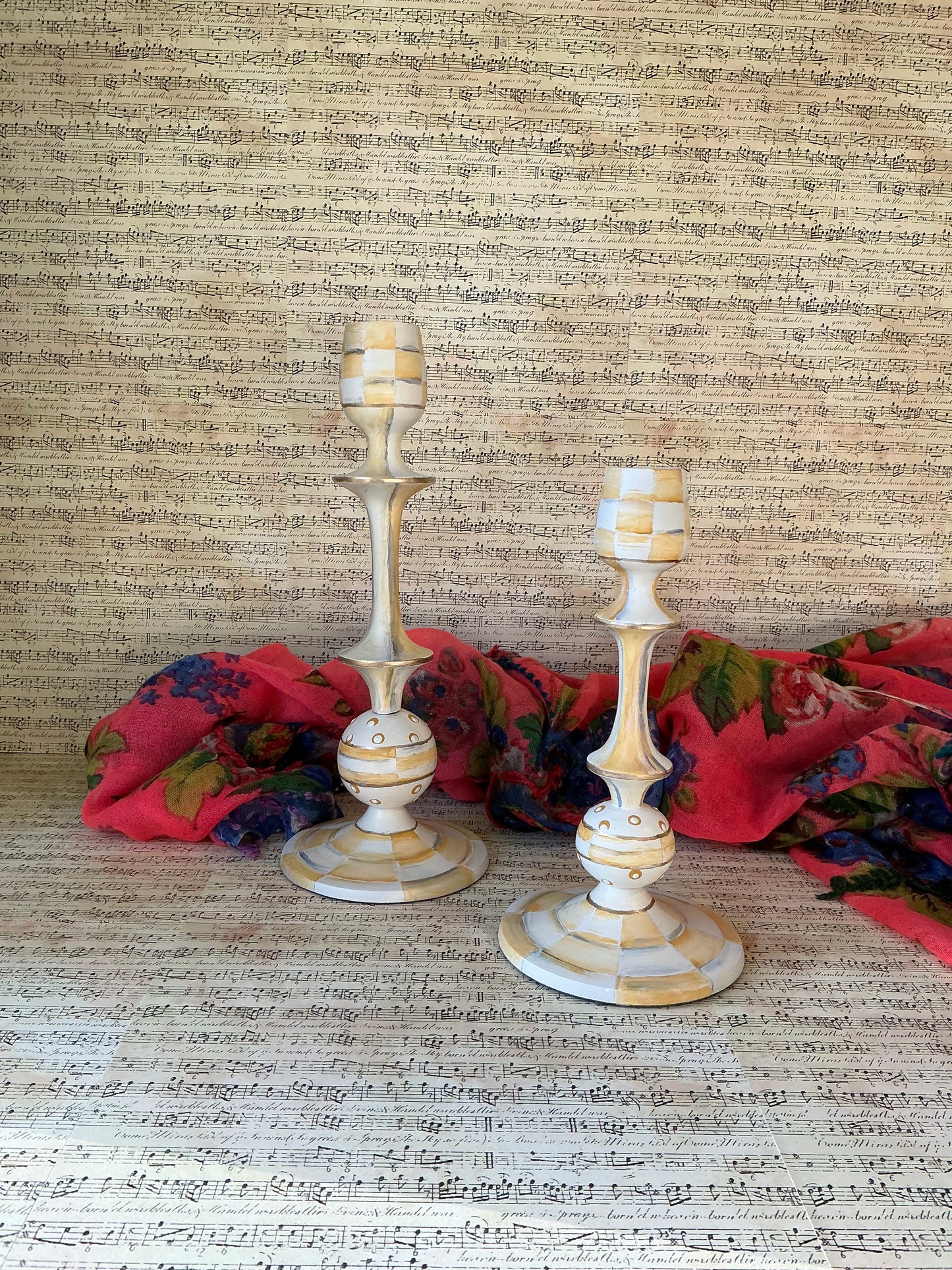 Parchment Check Taper Candle Holders, Pair
