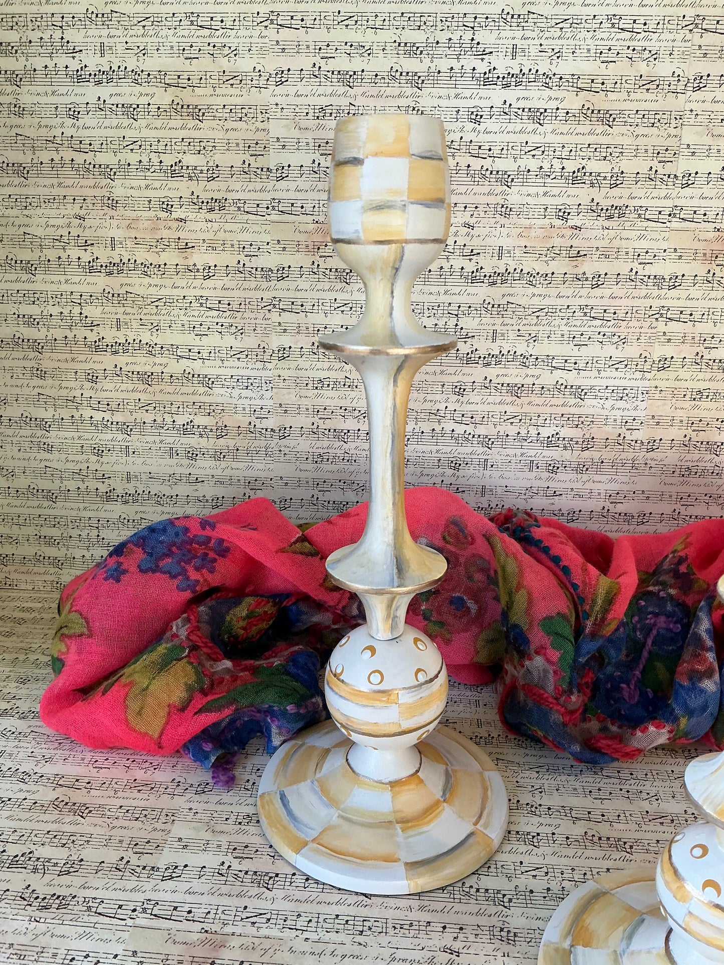 Parchment Check Taper Candle Holders, Pair