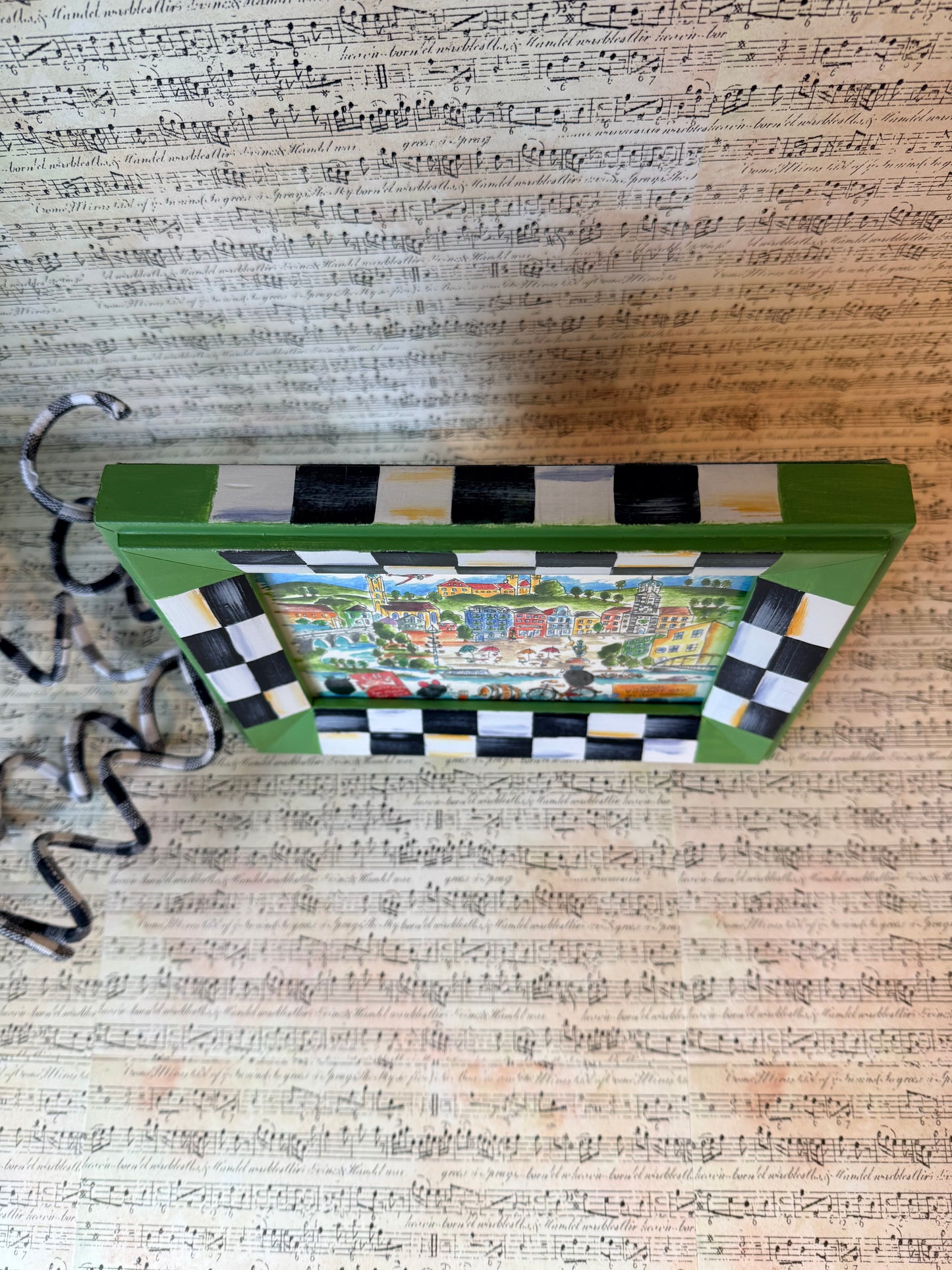 Hand-Painted Checkered Wooden Picture Frame With Green Trim