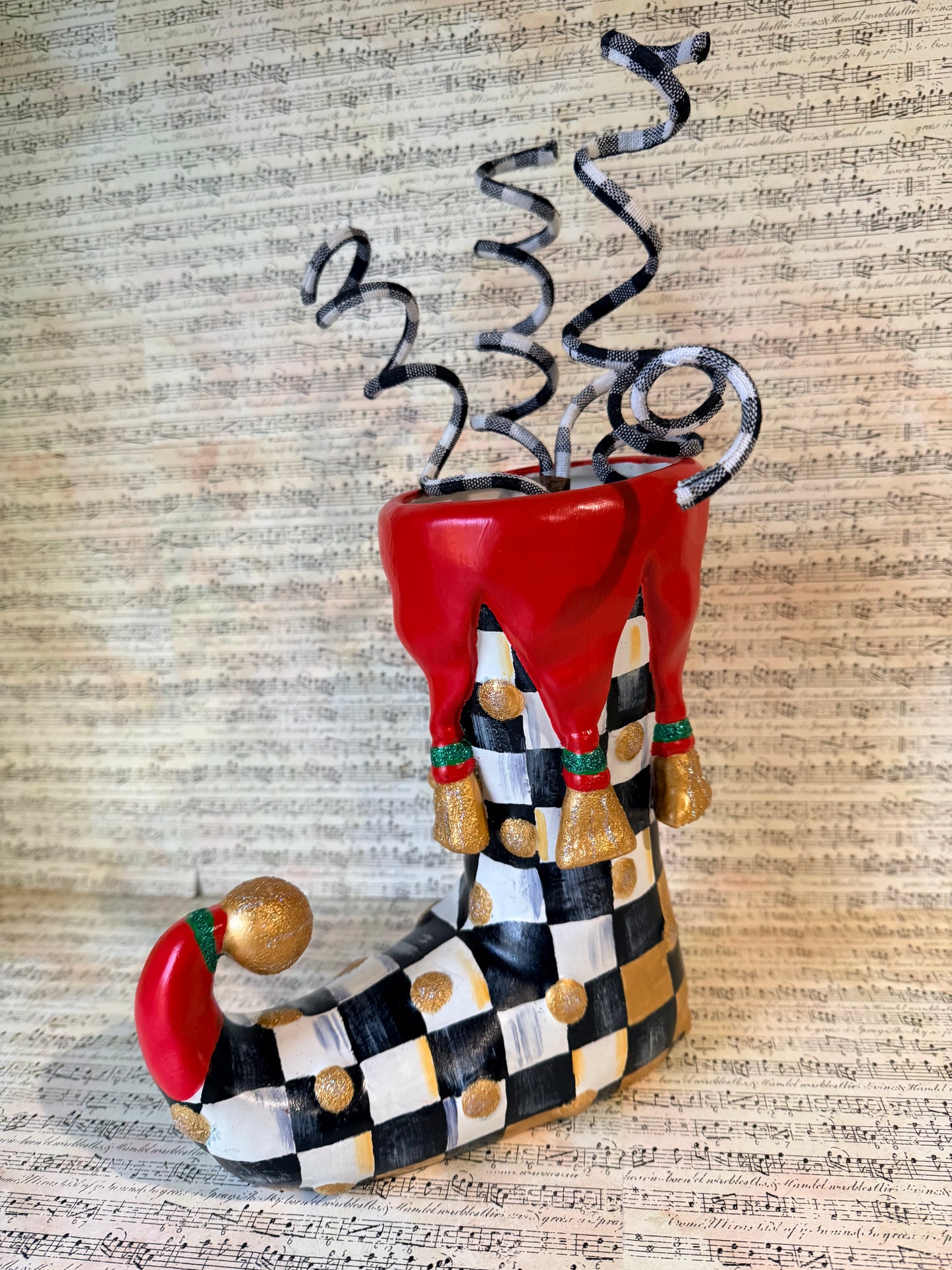 Checkered Elf Boot Vase