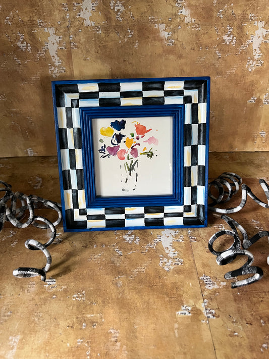 Black, White and Blue Checkered Frame with Watercolor Image