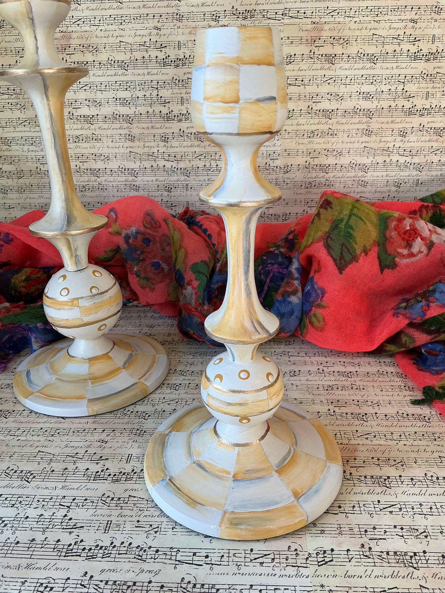 Parchment Check Taper Candle Holders, Pair