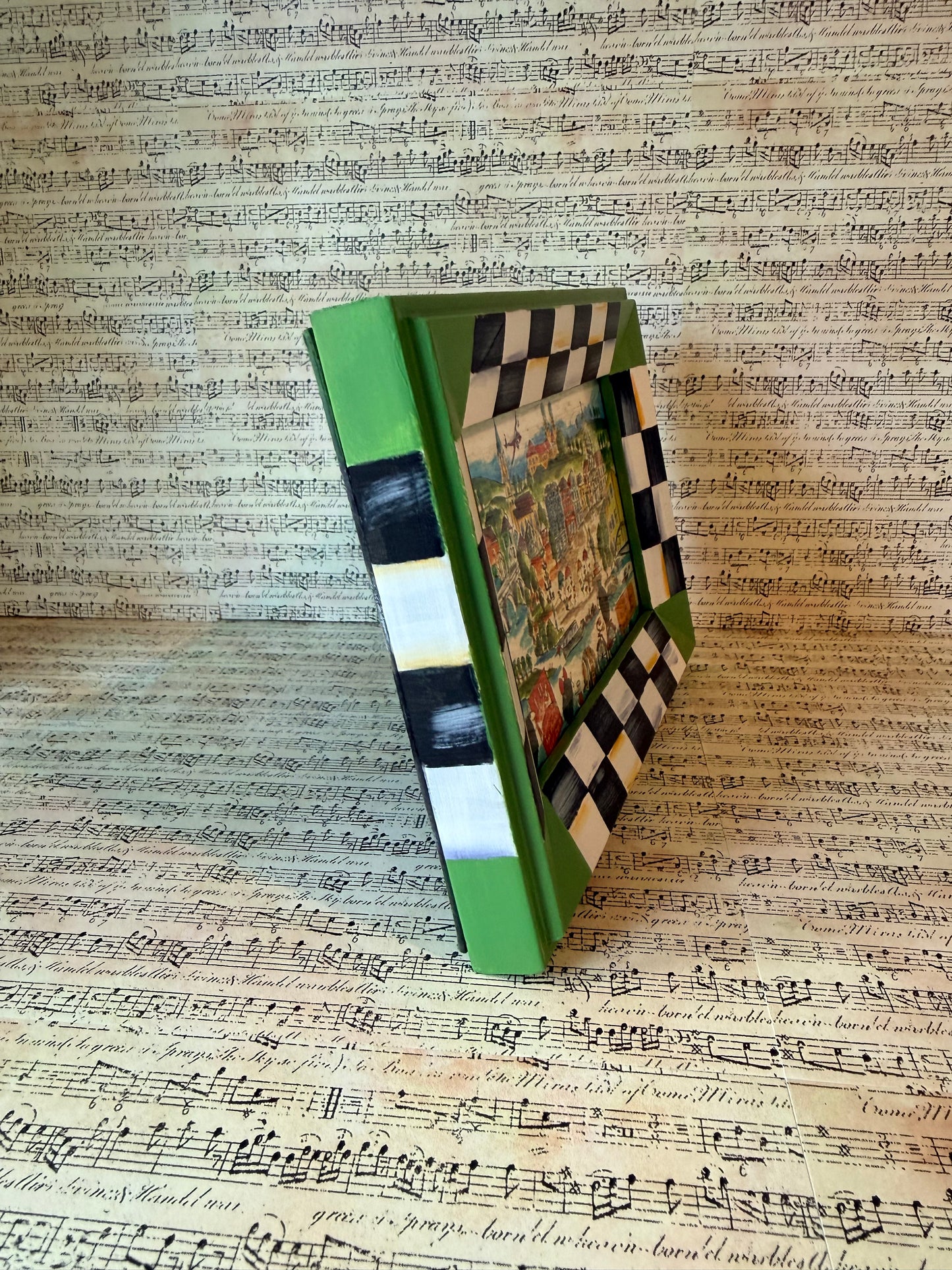 Hand-Painted Checkered Wooden Picture Frame With Green Trim