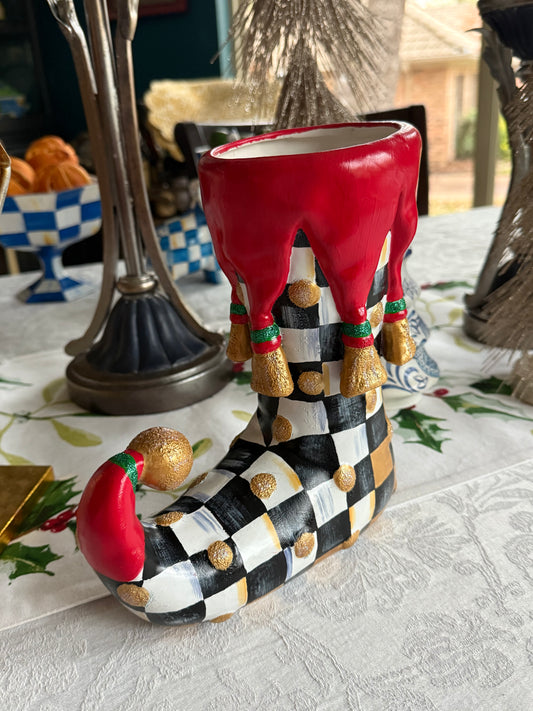 Checkered Elf Boot Vase