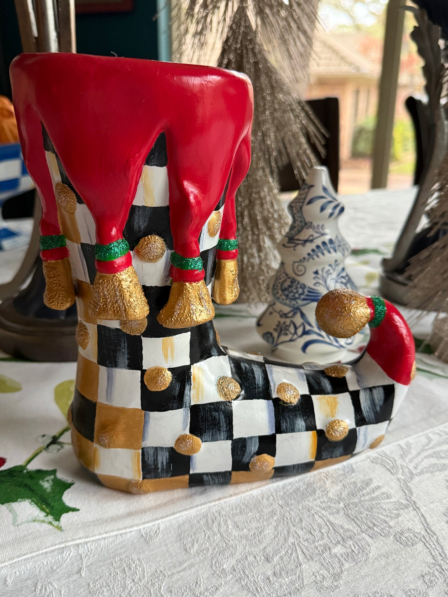 Checkered Elf Boot Vase