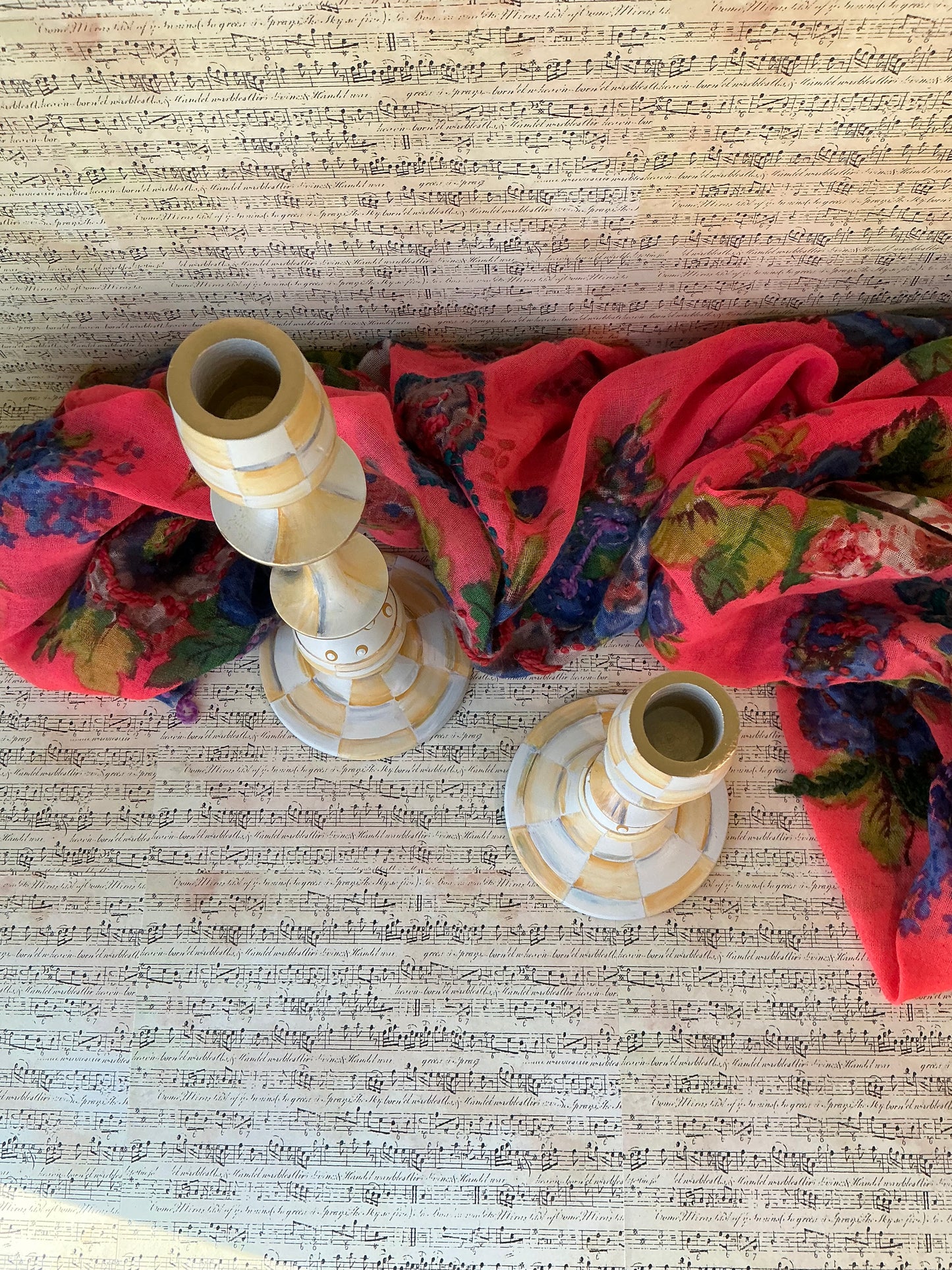 Parchment Check Taper Candle Holders, Pair